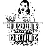 Afro Woman Cleaning Life Quotes Maid Housekeeper Bamboo Earrings Apron Pigtails Hairstyle B/W SVG JPG PNG Cutting Files For Silhouette and Cricut