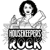 Afro Woman Cleaning Life Quotes Maid Housekeeper Bamboo Earrings Apron Sponge Curly Hair Style B/W SVG JPG PNG Cutting Files For Silhouette and Cricut