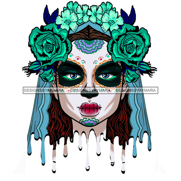 Sugar Skull Art Blue And Green Flowers Dripping JPG PNG  Clipart Cricut Silhouette Cut Cutting