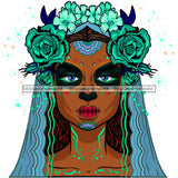 Brown Face Sugar Skull Art Green Flowers Blue JPG PNG  Clipart Cricut Silhouette Cut Cutting