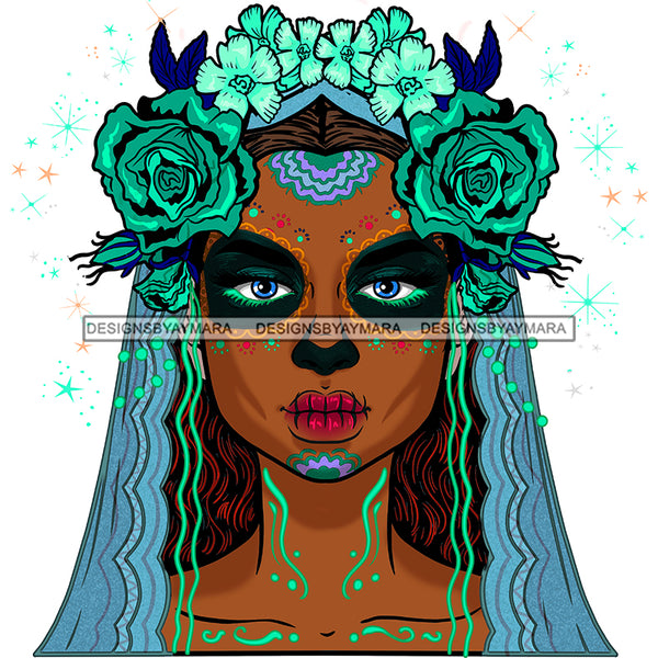 Brown Face Sugar Skull Art Green Flowers Blue JPG PNG  Clipart Cricut Silhouette Cut Cutting