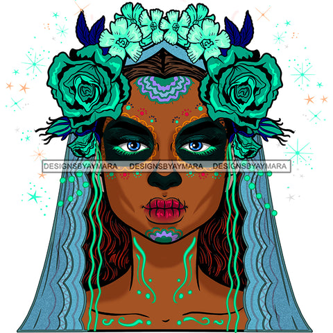 Brown Face Sugar Skull Art Green Flowers Blue JPG PNG  Clipart Cricut Silhouette Cut Cutting