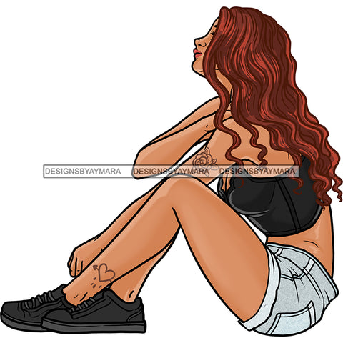 Caucasian Woman Long Red Hair In Jean Shorts JPG PNG  Clipart Cricut Silhouette Cut Cutting