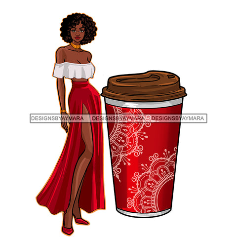 Black Woman Fashion Model In Red With Red Coffee Cup JPG PNG  Clipart Cricut Silhouette Cut Cutting