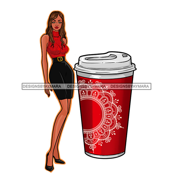 Caucasian Fashion Model In Red Dress With Red Coffee Cup JPG PNG  Clipart Cricut Silhouette Cut Cutting
