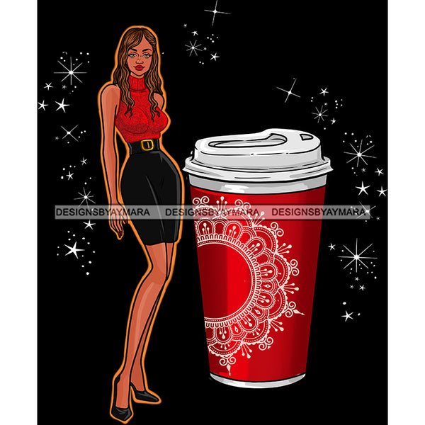 Caucasian Fashion Model Long Hair With Red Coffee Cup JPG PNG  Clipart Cricut Silhouette Cut Cutting