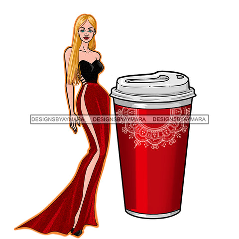 Caucasian Fashion Model Long Blonde Hair  With Red Coffee Cup JPG PNG  Clipart Cricut Silhouette Cut Cutting