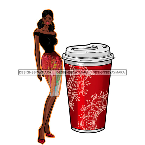 Black Woman Fashion Model In Black Top Red Skirt With Red Cup JPG PNG  Clipart Cricut Silhouette Cut Cutting