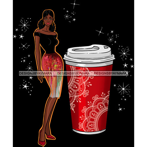 Black Fashion Model In Black Top Red Skirt With A Red Cup Of Coffee JPG PNG  Clipart Cricut Silhouette Cut Cutting