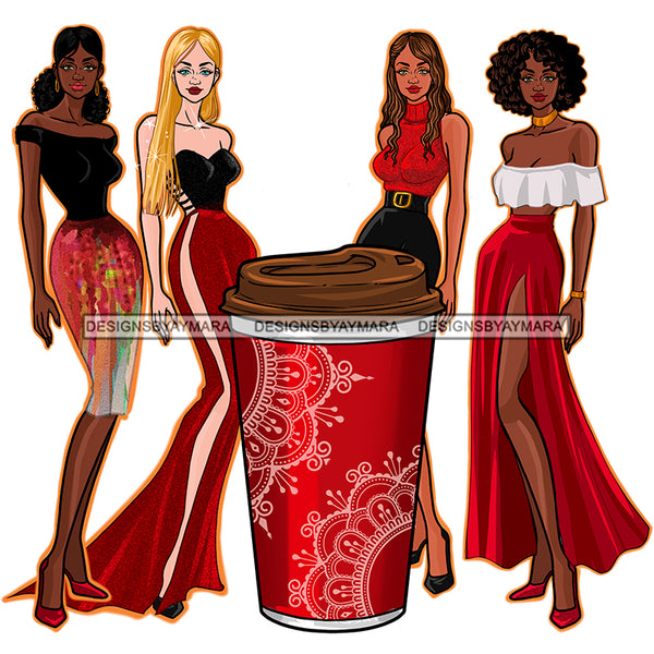 4 Ladies Sisters Sistas With Red Designer Coffee Cup With Brown Lid  JPG PNG  Clipart Cricut Silhouette Cut Cutting