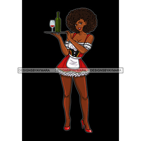 Black Bar Maid Waitress In Red Apron Holding Wine Tray Big Afro JPG PNG  Clipart Cricut Silhouette Cut Cutting