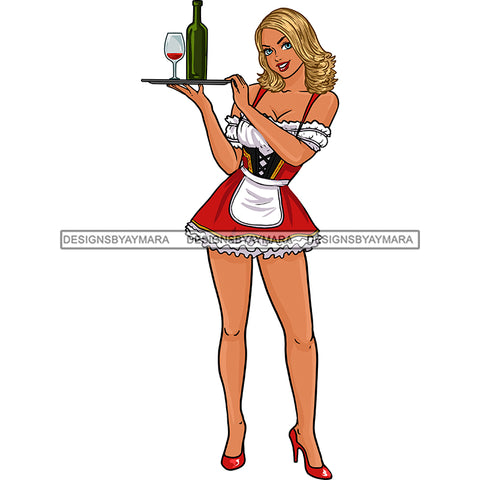 Blonde Bar Maid Waitress In Red Apron Bottle Of Wine  JPG PNG  Clipart Cricut Silhouette Cut Cutting