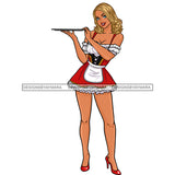 Blonde Bar Maid Waitress In Red Apron Holding Tray  JPG PNG  Clipart Cricut Silhouette Cut Cutting
