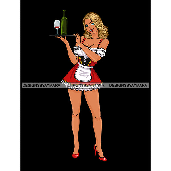 Blonde Bar Maid Waitress In Red Apron Bottle Of Wine  JPG PNG  Clipart Cricut Silhouette Cut Cutting