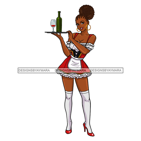 Black Bar Maid Waitress In Red Apron Bottle Of Wine Cornrow Hair JPG PNG  Clipart Cricut Silhouette Cut Cutting