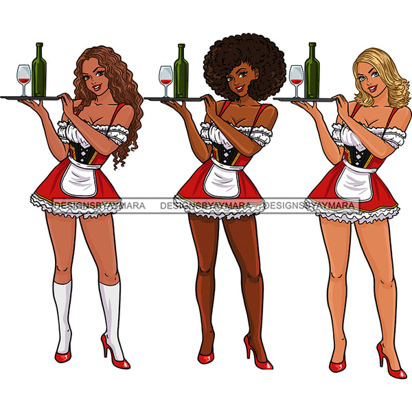 3 Bar Maids Waitresses In Red Apron Holding Bottle Of Wine On Tray  JPG PNG  Clipart Cricut Silhouette Cut Cutting