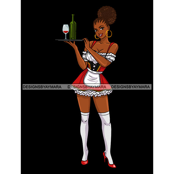 Black Bar Maid Waitress In Red Apron Bottle Of Wine Cornrow Hair JPG PNG  Clipart Cricut Silhouette Cut Cutting