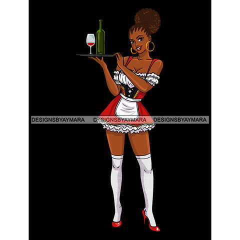 Black Bar Maid Waitress In Red Apron Bottle Of Wine Cornrow Hair JPG PNG  Clipart Cricut Silhouette Cut Cutting