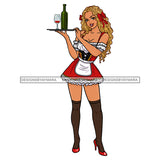 Blonde With Red Bow Bar Maids Waitress In Red Apron Holding Bottle Of Wine On Tray  JPG PNG  Clipart Cricut Silhouette Cut Cutting