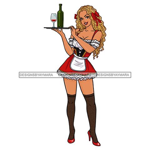 Blonde With Red Bow Bar Maids Waitress In Red Apron Holding Bottle Of Wine On Tray  JPG PNG  Clipart Cricut Silhouette Cut Cutting