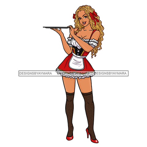 Blonde With Red Bow Bar Maids Waitress In Red Apron Holding Tray  JPG PNG  Clipart Cricut Silhouette Cut Cutting