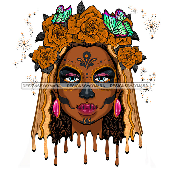 Brown Sugar Skull Face Head Dead Gold Flowers And Butterflies Pink Earrings  JPG PNG  Clipart Cricut Silhouette Cut Cutting