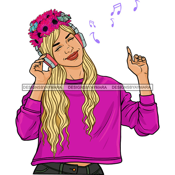 Blonde Haired Young Lady Woman Love Listening To Music Headphones In Flowered Headpiece JPG PNG  Clipart Cricut Silhouette Cut Cutting