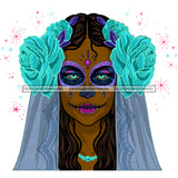 Brown Face Sugar Skull Art Blue Scarf Turquoise Flowers Purple Makeup JPG PNG  Clipart Cricut Silhouette Cut Cutting