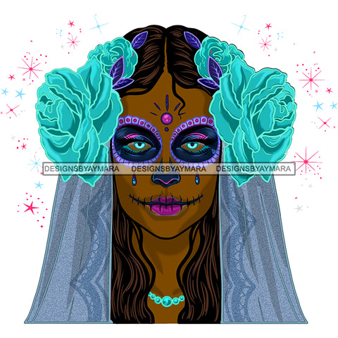 Brown Face Sugar Skull Art Blue Scarf Turquoise Flowers Purple Makeup JPG PNG  Clipart Cricut Silhouette Cut Cutting
