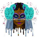Brown Face Sugar Skull Art Blue Scarf Turquoise Flowers Dripping Purple Makeup JPG PNG  Clipart Cricut Silhouette Cut Cutting