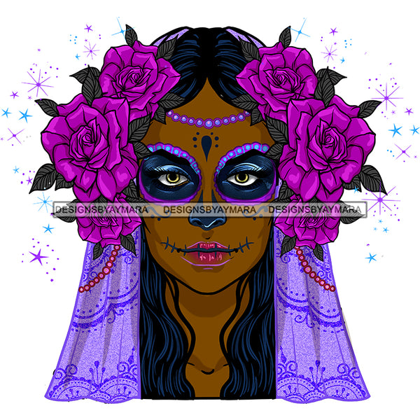 Brown Face Sugar Skull Art Purple Scarf Purple Flowers Purple Makeup JPG PNG  Clipart Cricut Silhouette Cut Cutting