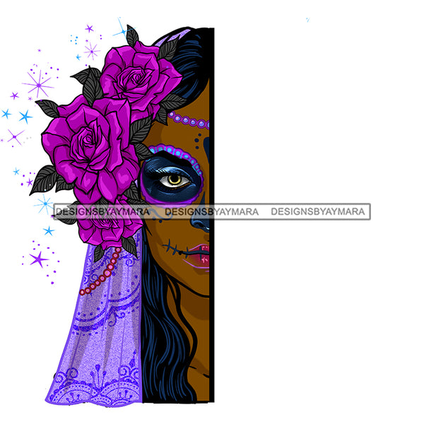 Brown Half Face Sugar Skull Art Purple Scarf Purple Flowers Purple Makeup JPG PNG  Clipart Cricut Silhouette Cut Cutting