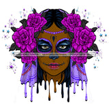 Brown Face Sugar Skull Art Purple Scarf Purple Flowers Dripping Purple Makeup JPG PNG  Clipart Cricut Silhouette Cut Cutting