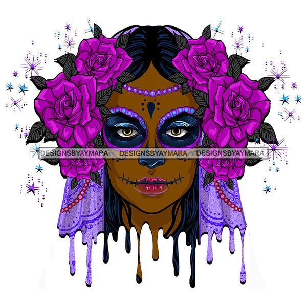 Brown Face Sugar Skull Art Purple Scarf Purple Flowers Dripping Purple Makeup JPG PNG  Clipart Cricut Silhouette Cut Cutting