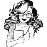 Afro Melanin Girl Right Arm Tattoo Glasses Notebook Earrings Long Wavy Hair B/W SVG JPG PNG Vector Clipart Cricut Silhouette Cut Cutting