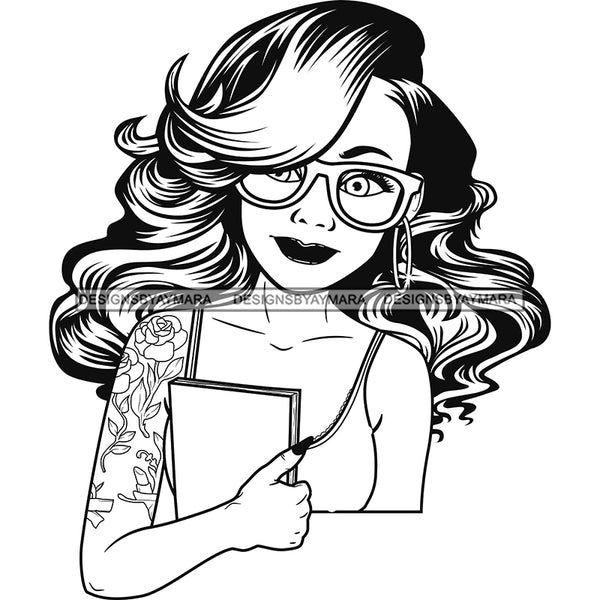 Afro Melanin Girl Right Arm Tattoo Glasses Notebook Earrings Long Wavy Hair B/W SVG JPG PNG Vector Clipart Cricut Silhouette Cut Cutting