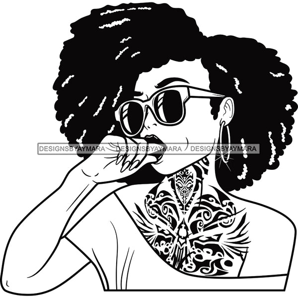 Lola Hot Chest Neck Tattoo Cool Stylish Sunglasses Puffy Afro Hairstyle B/W SVG JPG PNG Vector Clipart Cricut Silhouette Cut Cutting