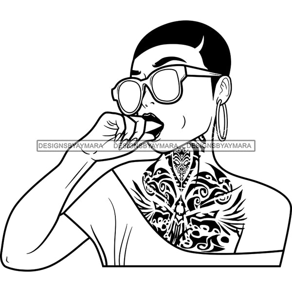Lola Hot Chest Neck Tattoo Cool Stylish Sunglasses Hoop Earrings Short Hairstyle B/W SVG JPG PNG Vector Clipart Cricut Silhouette Cut Cutting