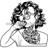 Lola Hot Chest Neck Tattoo Cool Stylish Sunglasses Neck Length Wavy Hairstyle B/W SVG JPG PNG Vector Clipart Cricut Silhouette Cut Cutting