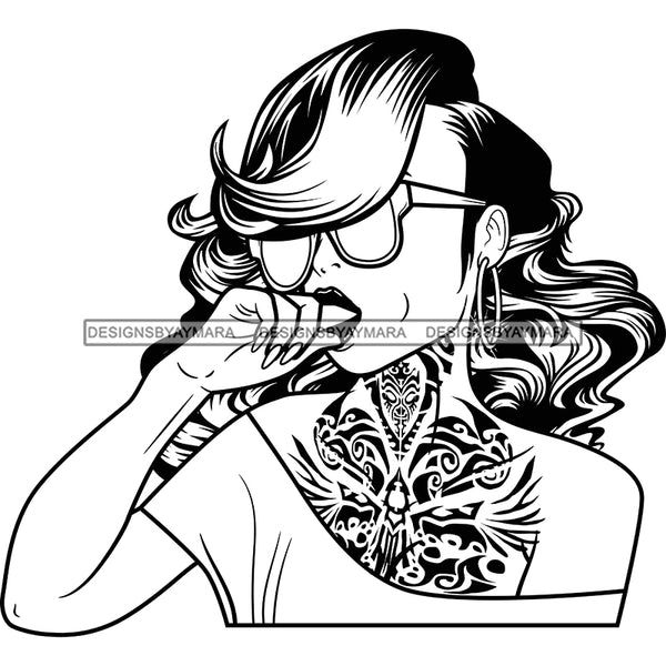 Lola Hot Chest Neck Tattoo Cool Stylish Sunglasses Long Wavy Hairstyle B/W SVG JPG PNG Vector Clipart Cricut Silhouette Cut Cutting