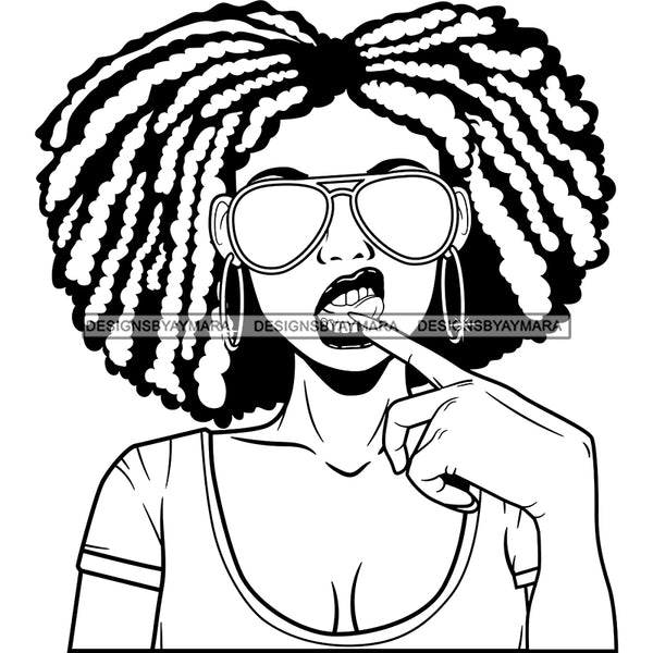 Rebel Lola Touching Tongue Cool Stylish Sunglasses Afro Puffy Twist Hairstyle B/W SVG JPG PNG Vector Clipart Cricut Silhouette Cut Cutting