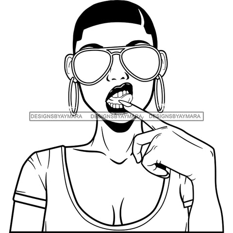 Rebel Lola Touching Tongue Cool Stylish Exotic Sunglasses Short Hairstyle B/W SVG JPG PNG Vector Clipart Cricut Silhouette Cut Cutting