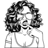 Rebel Lola Touching Tongue Stylish Sunglasses Shoulder Length Wavy Hairstyle B/W SVG JPG PNG Vector Clipart Cricut Silhouette Cut Cutting