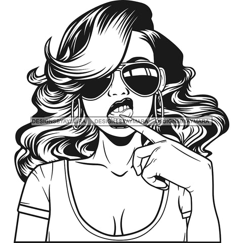 Rebel Lola Touching Tongue Cool Stylish Sunglasses Long Wavy Hairstyle B/W SVG JPG PNG Vector Clipart Cricut Silhouette Cut Cutting