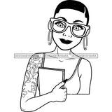 Afro Melanin Girl Right Arm Tattoo Glasses Notebook Hoop Earrings Short Hair B/W SVG JPG PNG Vector Clipart Cricut Silhouette Cut Cutting