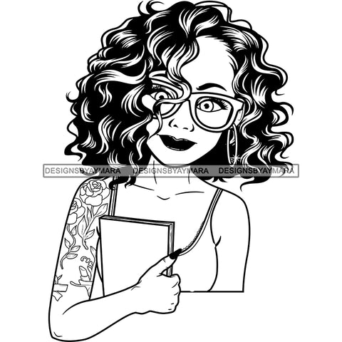 Afro Melanin Girl Right Arm Tattoo Glasses Notebook Earrings Short Wavy Hair B/W SVG JPG PNG Vector Clipart Cricut Silhouette Cut Cutting