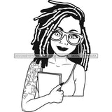 Afro Melanin Girl Right Arm Tattoo Glasses Notebook Dreadlocks Hairstyle B/W SVG JPG PNG Vector Clipart Cricut Silhouette Cut Cutting