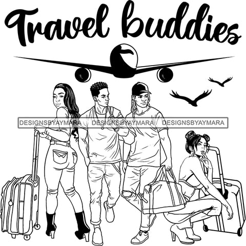 Couples Adventure Getaway Buddies Airplane Vacation Trip Illustration B/W SVG JPG PNG Vector Clipart Cricut Silhouette Cut Cutting