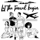 Couples Adventure Getaway Family Airplane Vacation Trip Illustration B/W SVG JPG PNG Vector Clipart Cricut Silhouette Cut Cutting