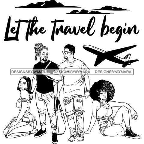 Couples Adventure Getaway Family Airplane Vacation Trip Illustration B/W SVG JPG PNG Vector Clipart Cricut Silhouette Cut Cutting